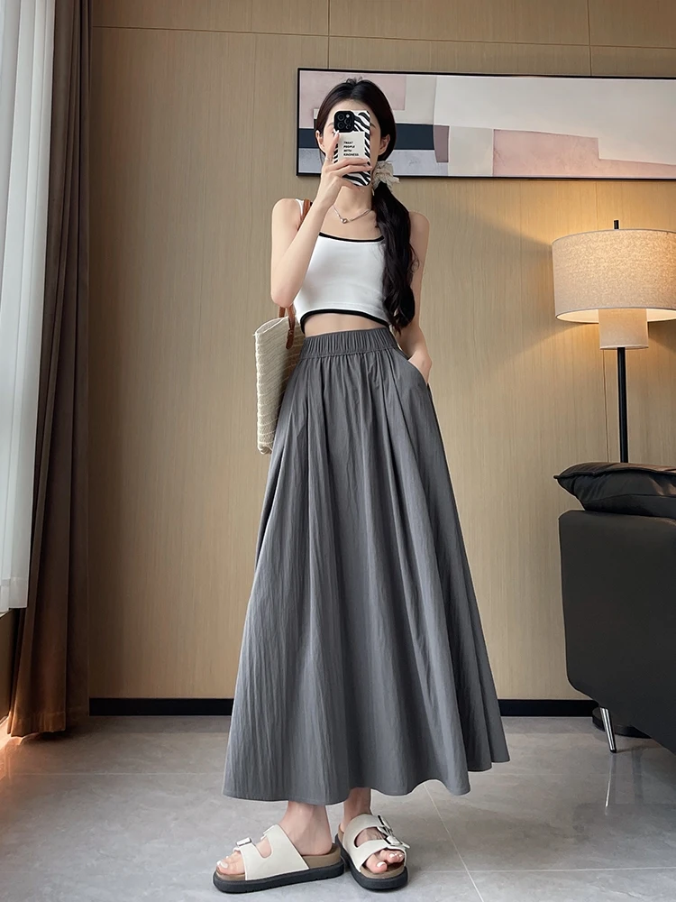 

Ice Silk f Skirt High Waist Thin Summer Women's Loose Casual Long A-Line Skirt Slimming Meat Covering Commute Sle