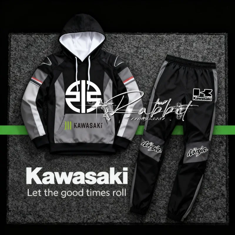 

2026 Autumn/winter Original Design New Kawasaki Motorcycle Suit Men's Racing Off-road Warm Riding Hoodie Fashion Pants Set