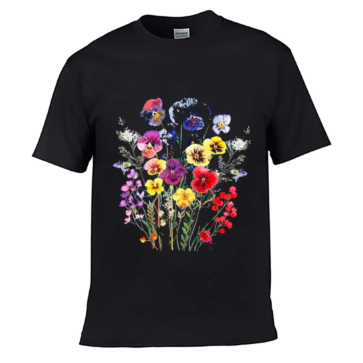 Watercolor Wildflower Bouquet Pansies Floral Botanical Illustration short-sleeved T-shirt