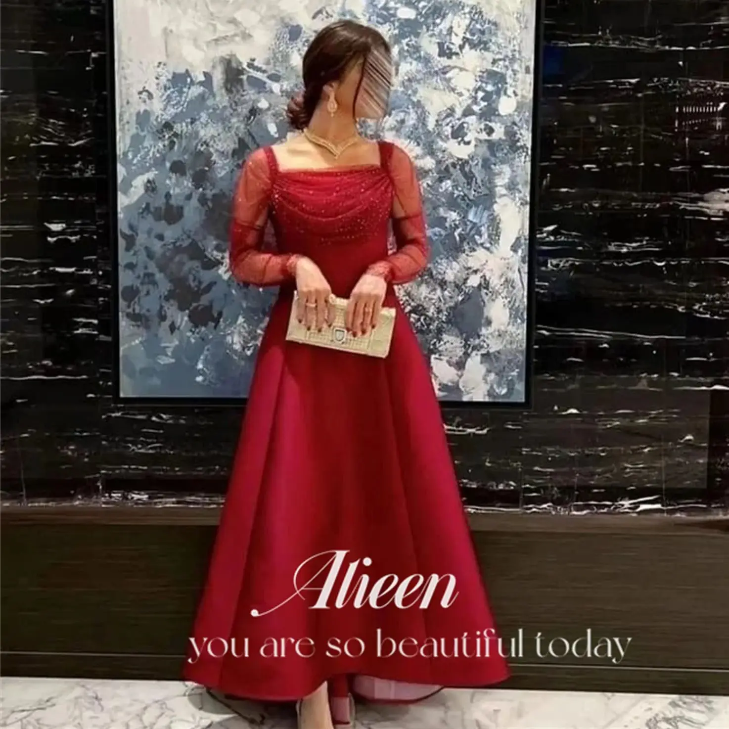 Aileen Red Satin Long Sleeves Square Collar Prom Dresses 2024 Elegant Women\'s Luxury Wedding Party Dress Evening Woman Gala