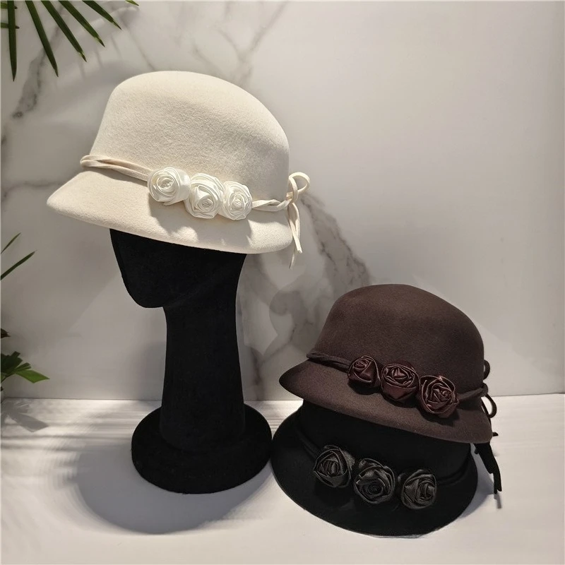 autumn-winter-new-wool-formal-hat-women’s-church-fisherman-hat-elegant-satin-rose-blossoms-elegant-fashion-versatile