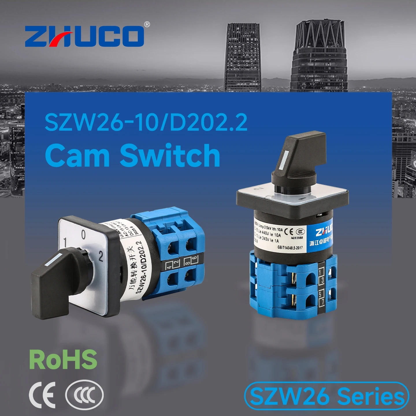 Zhuco 2/3 Position Selector Switch 10A 690V, 8-Terminal Universal Rotary Cam Selector with Locking Switch, Suitable for Distribution Cabinets, Machine Tools, Industrial Panels (Szw26-10, on Off On, on Off, on on)