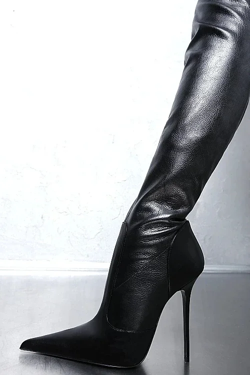 High Heel Spitze Oberschenkel Hohe Schritt Stiefel Sexy Schwarz Overknee Botas Mujer Stilvolle Marke Leder Schuh Schwarz Motorrad Stiefel