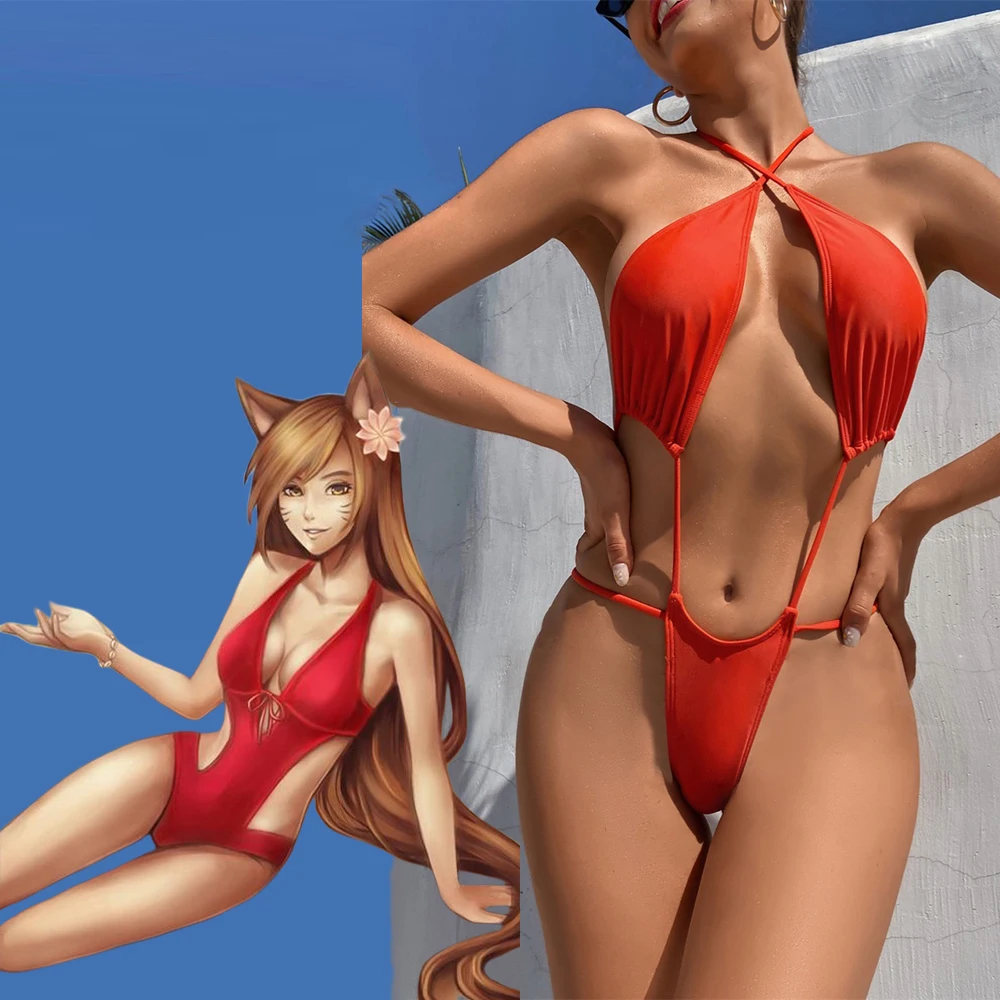 

LOL Ahri Cosplay Swimsuit Sexy Women Halter Neck Cutout Bikinis Bodysuit Swimwear Halloween Carnival Pool Party Bathing Suit