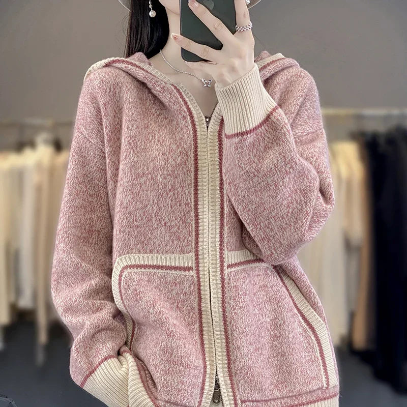 100% Merino Wool Cardigan Sweater Women Autumn Winter New Long Sleeve Tops Striped Loose Zipper Pocket Female Knit Sweter A199