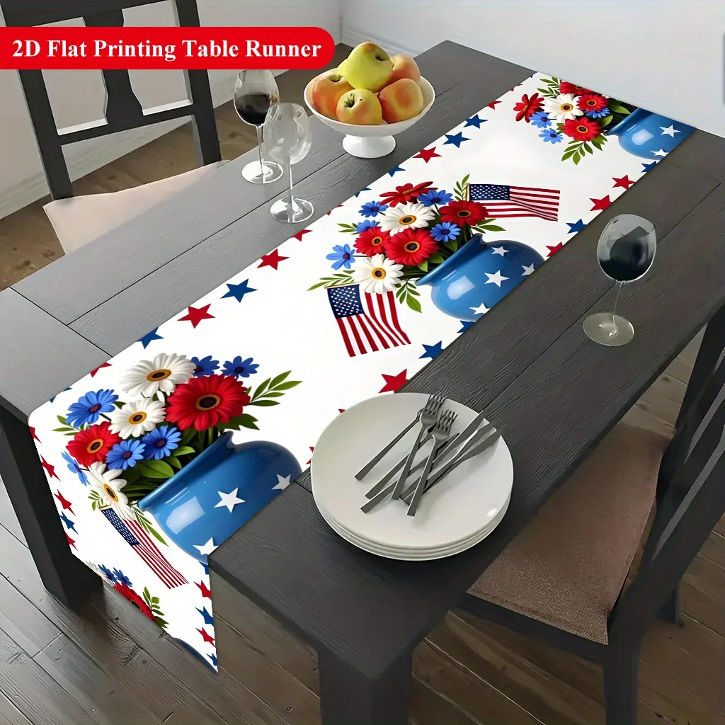2D‑Printed Patriotic Floral Table Runner, Decor for Dining Table, Coffee‑Table, Gatherings, Indoor‑Outdoor Parties