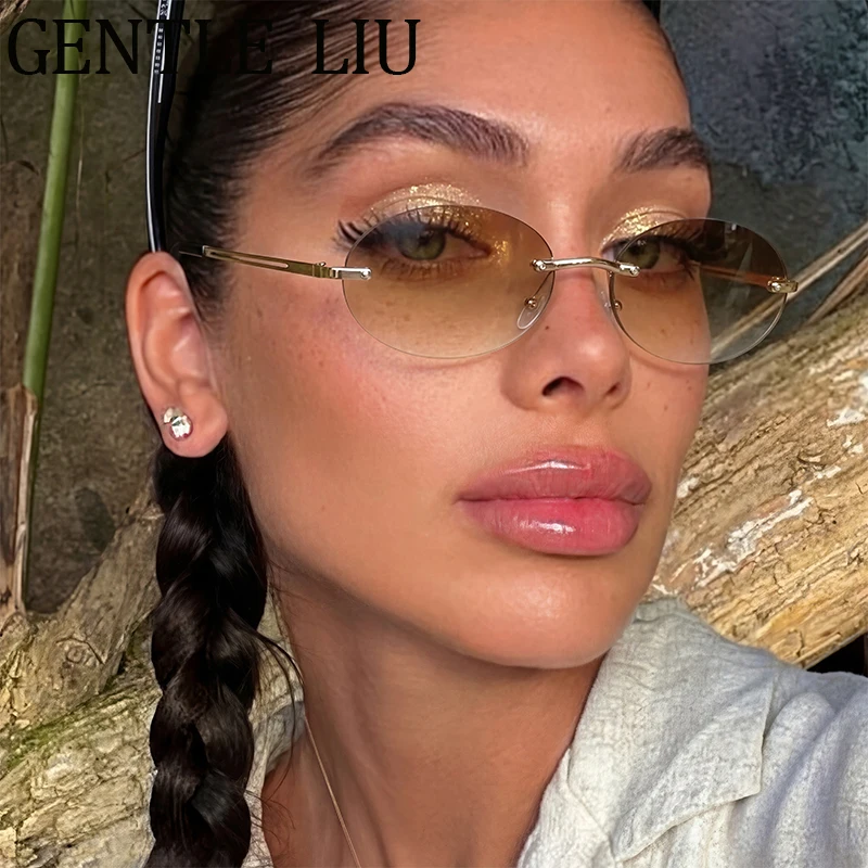 

Rimless Small Oval Sunglasses Women 2026 Luxury Brand Vintage Y2K Punk Frameless Gradient Lens Sun Glasses For Ladies Eyewear