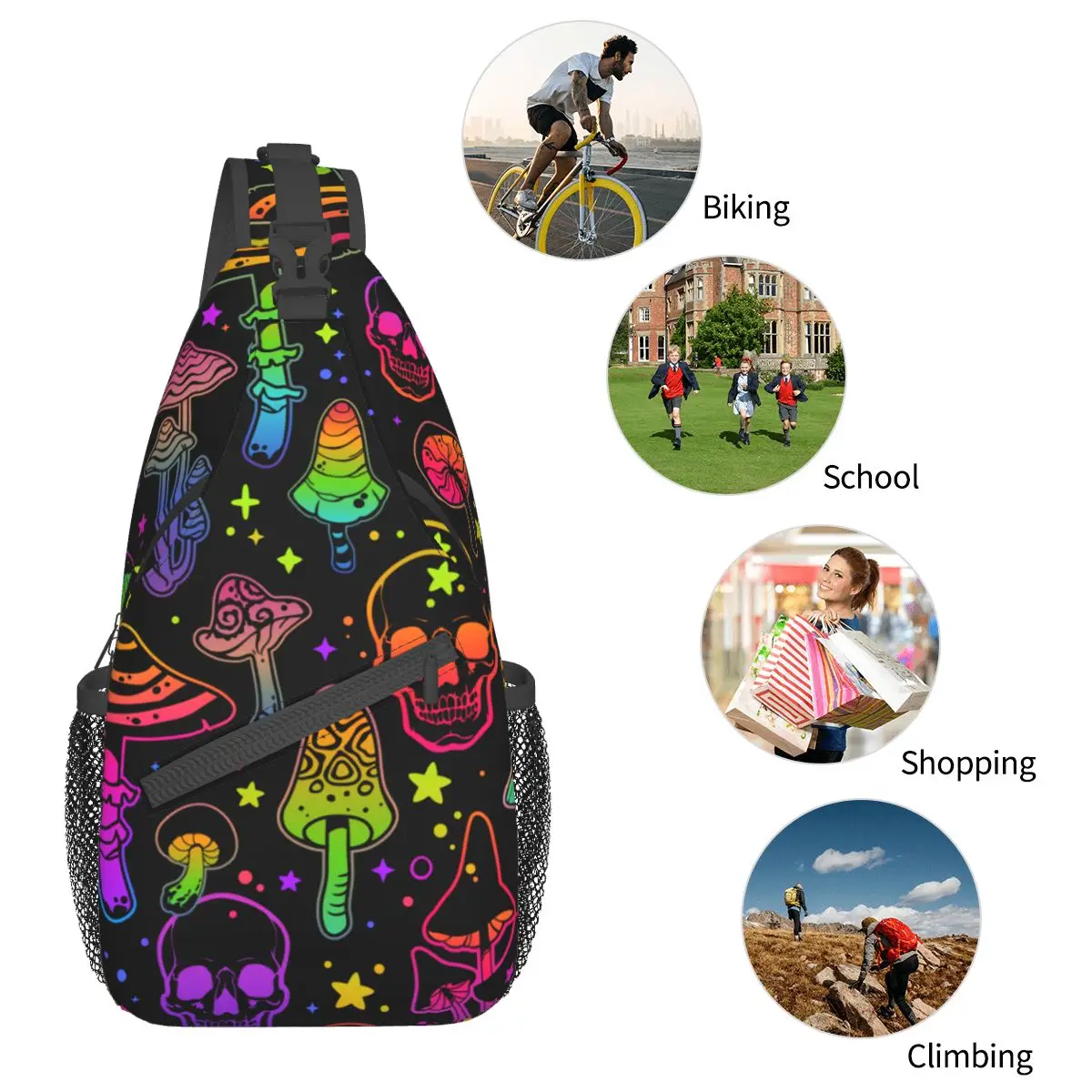 Sac à bandoulière psychédélique pour salles plus lentes, petit sac de poitrine, crânes initiés, sac à dos, sac à dos pour la randonnée, le voyage, le cyclisme, le cartable