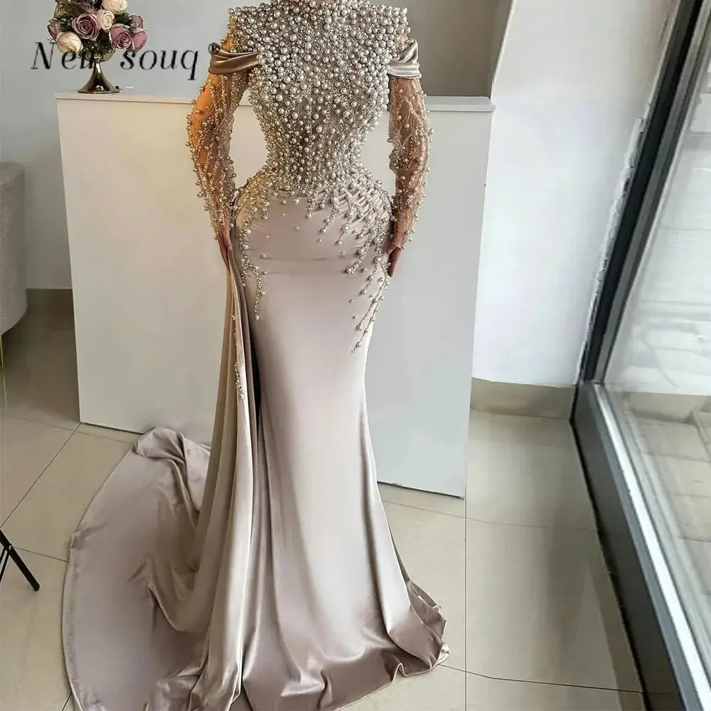 

Gorgeous Pearls Beaded High Neck Mermaid Evening Dresses with Side Train Customized Long Sleeves Satin Formal Gowns for Women