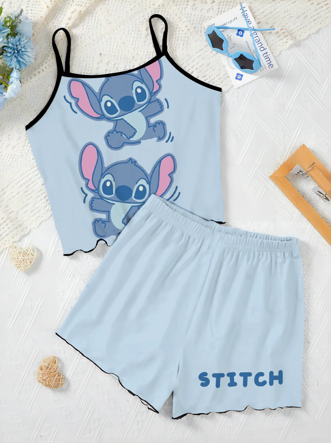 Pajama Skirt Stitch Women's Suit Disney Lettuce Trim T-shirt Home Dress Top Short Sets Pieces Elegant 2-piece Luxury Disney Top