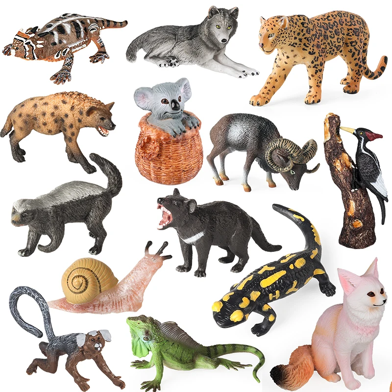Oenux Wild Animals Action Figures Fox Koala Wolf Lizard Fox Monkey Woodpecker Model Figurines Home Decor Education Kids Gift Toy