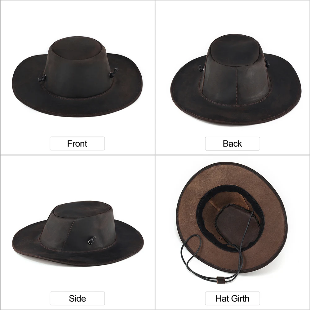 JOYIR High Quality Genuine Leather Male Western Cowboy Hat Vintage Jazz Fedora Cowhide Leather Large 62CM for Men New