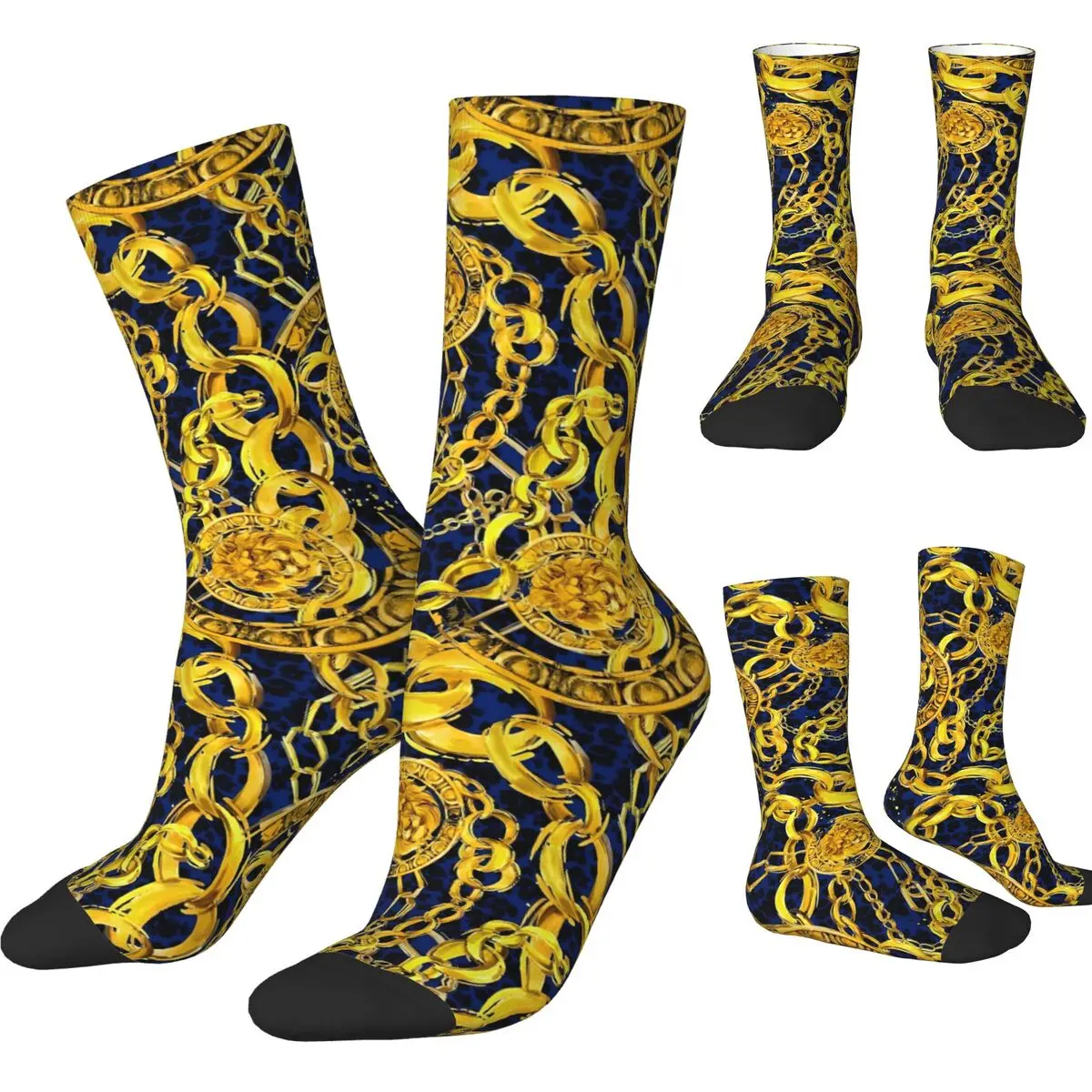 Chaussettes de basket-ball damask dorées décontractées pour femmes et hommes, chaussettes d'équipage vintage, dentelle dorée, polyester baroque, respirant