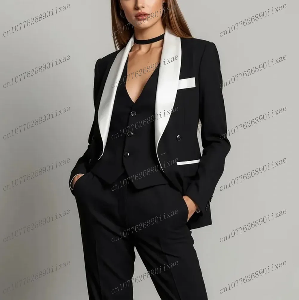 

White Collar Black Women Suits Lady Business Office Tuxedos Mother Wedding Party Formal Ladies 3 Piece Set Jacket Vest Pants