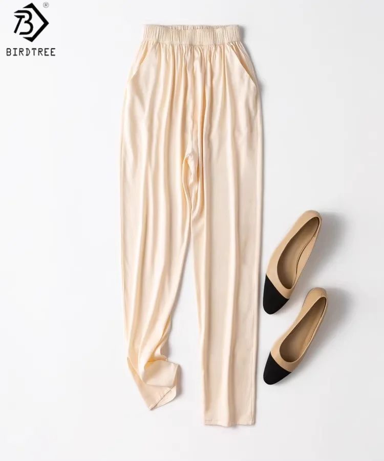 

Birdtre 20MM 93% Mulberry Silk 7% Spandex Pocket Pants,Women Elastic Waist Loose Creamy-White Harem Pants, 2025 New T56923JF