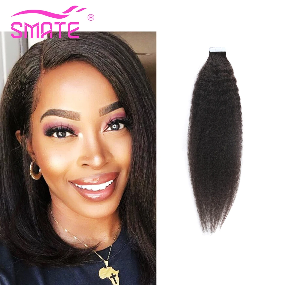 SMATE Kinky Straight Tape In Human Hair Extensions Remy Tape Hair Natural Black 100% Human Hair Extensions 12-26Inches 2.5G pc