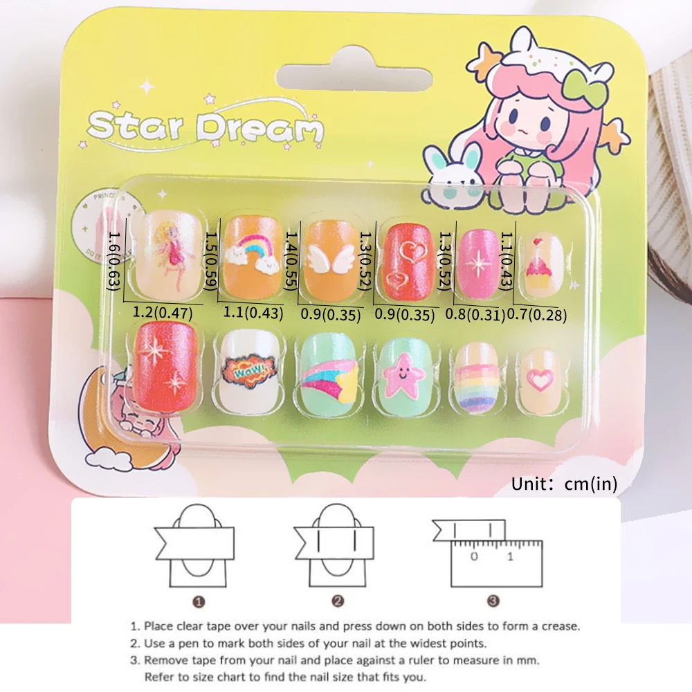 12szt Candy Color Cartoon Kids Press On Nails Mermaid Princess Rainbow Kawaii Gilrs Fałszywe paznokcie Krótki kwadratowy manicure Dekoracja