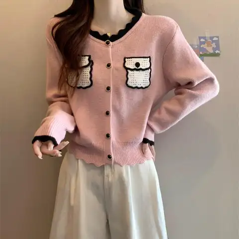Women Clothing Casual Korean Buttons O-neck Long Sleeve Sweater Coat Autumn Winter Sweet Pocket Knitting Cardigan Buttons Tops