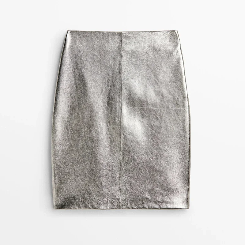 Leather Genuine Silver Midi Skirt Women Spring/Winter Slim Fit Metal Gloss Brillant Sheepskin Short Wrap Jupe Mujer Simple Saias