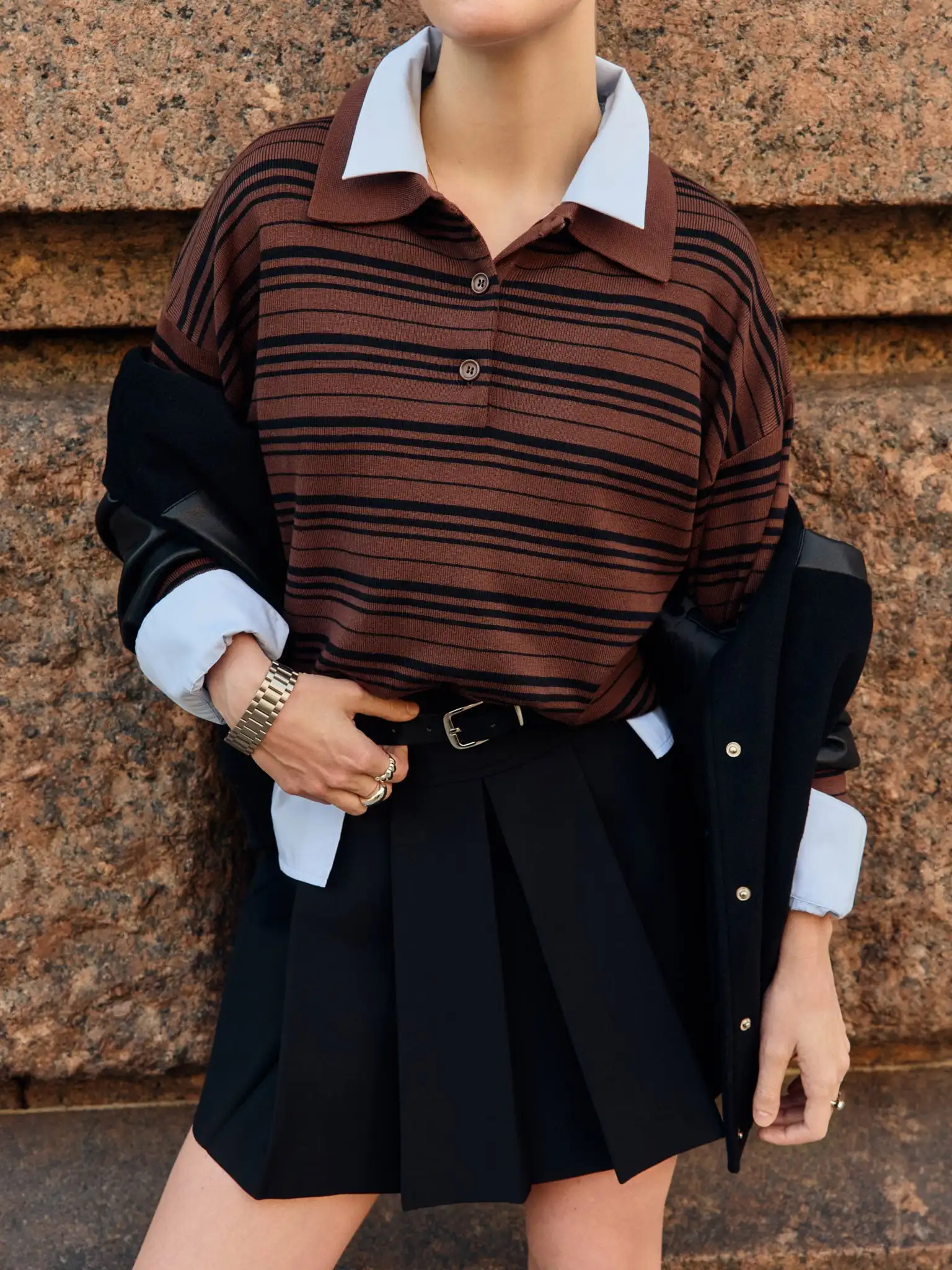 

Blubelle Spring Summer Women's Vintage Contrast Striped Knitted Polo Collar Long Sleeve T-Shirt Fashion Casual Trend Top