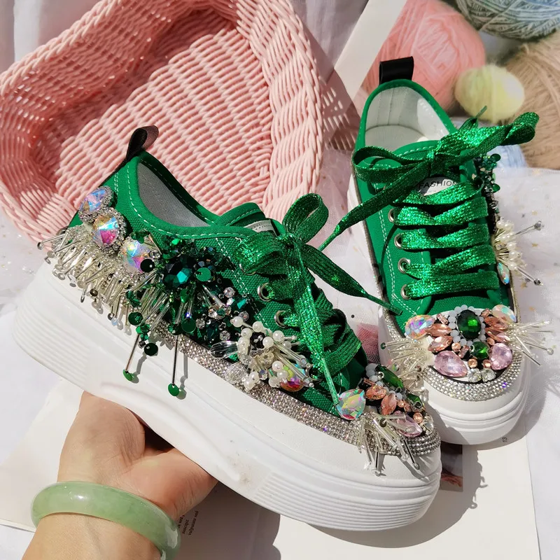 Colorful Rhinestones Women Platform Sneakers 2022 Green Canvas Bling Crystal Bridal Wedding Shoes Tassel Casual Vulcanized Shoes