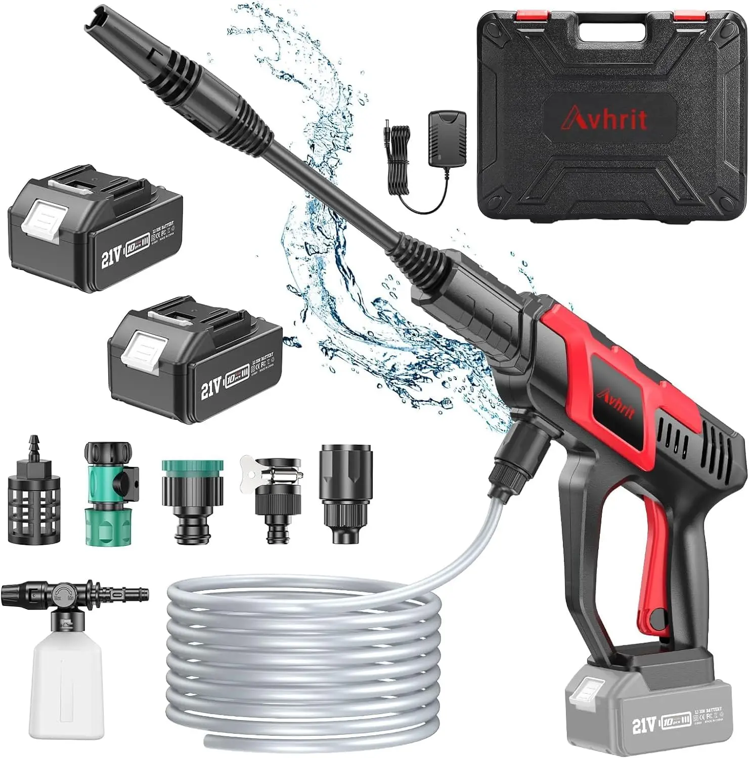 

1100 PSI Portable Cleaner with 2X 4.0Ah Batteries,3 Faucet Adapters,2 Adjustable Modes with 0-180° Nozzle,Garden Hose Connector,