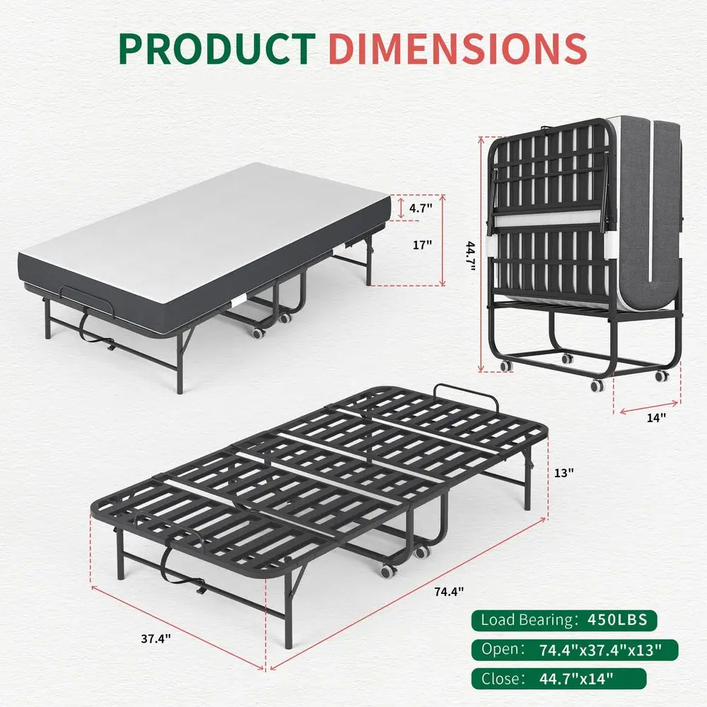 Folding Bed with Mattress for Adults,Portable Roll Away Bed with Wheels,5 Thick Memory Foam Mattress Metal Foldable Bed Frame f