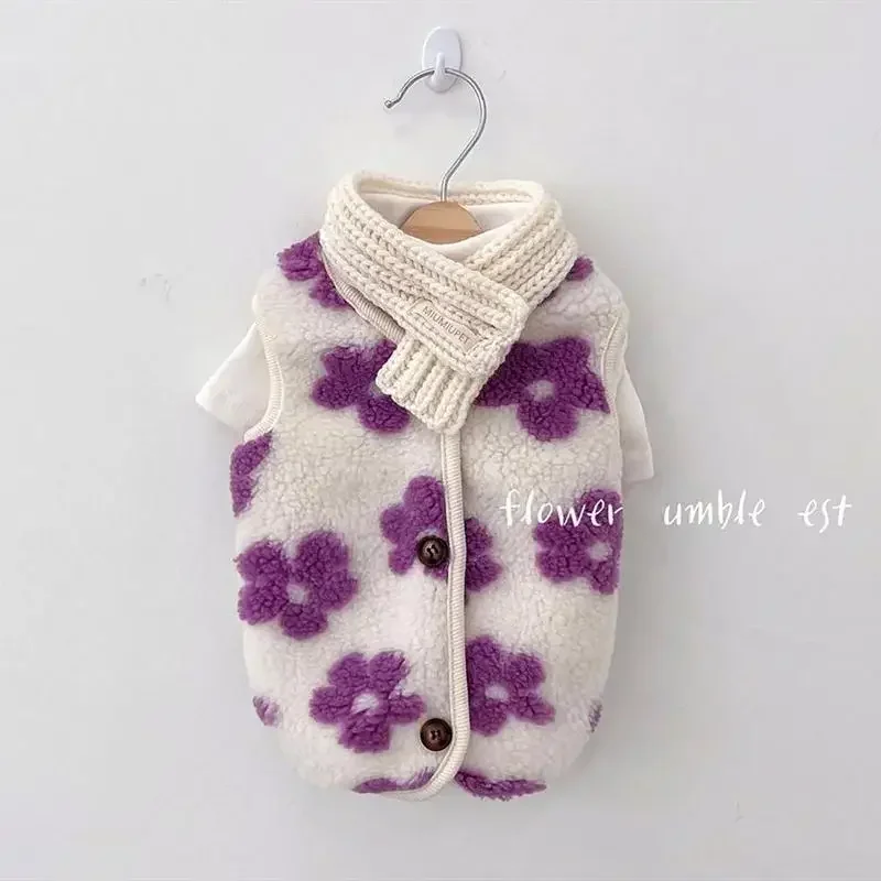 Pet Lamb Fleece Flower Vest, Teddy Bears, Cat, Schnauzer, Small, Puppy, Dog, Warm, Thick Clothes, Dog Costume, Fall, Winter