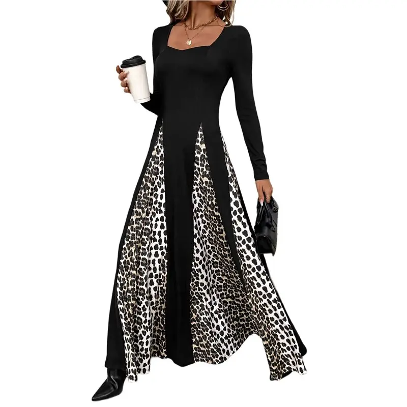 CYL-Womens Casual Dresses Smocked Crewneck Up Long Sleeve Waist A-Line Mini Dress