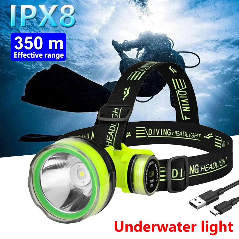 Portable Rechargeable Diving Headlight 350m Underwater 2 Light Modes Waterproof Super Bright LED Diver Spearfishing Headlamp