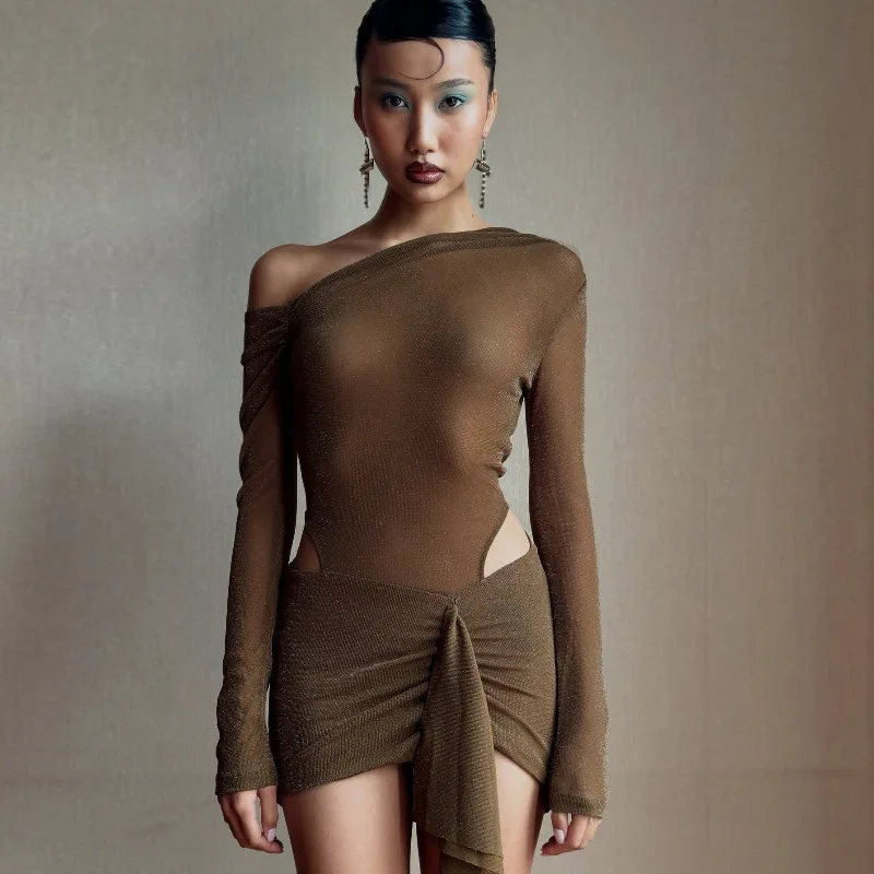 เซ็กซี่หนึ่งไหล่ SHEER ชุดมินิสําหรับผู้หญิงฤดูใบไม้ร่วงแขนยาว Elegant Chic Ruched ตัด Slim วันหยุด PARTY Dress 2025