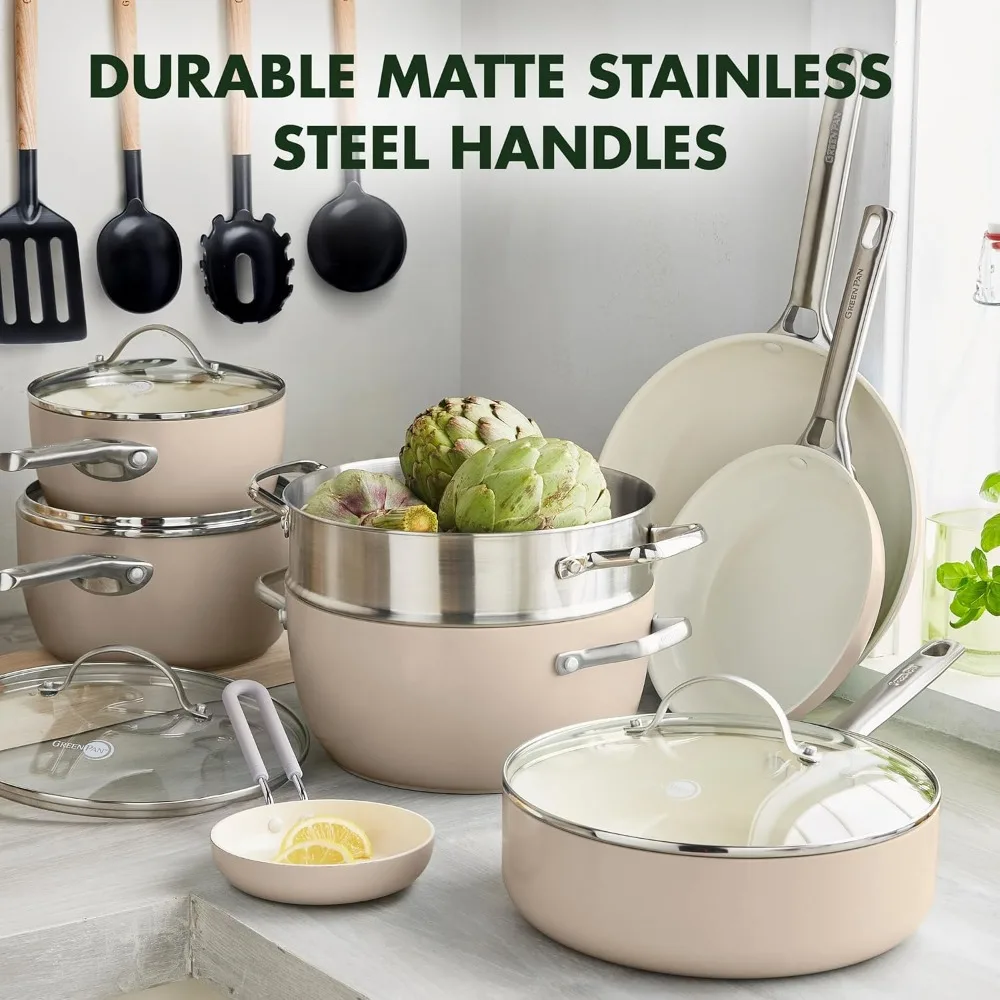 Padova Hard Anodized Healthy Ceramic Nonstick 17 Piece Cookware Set, PFAS-Free, Induction, Dishwasher Safe, Oven Safe, Taupe