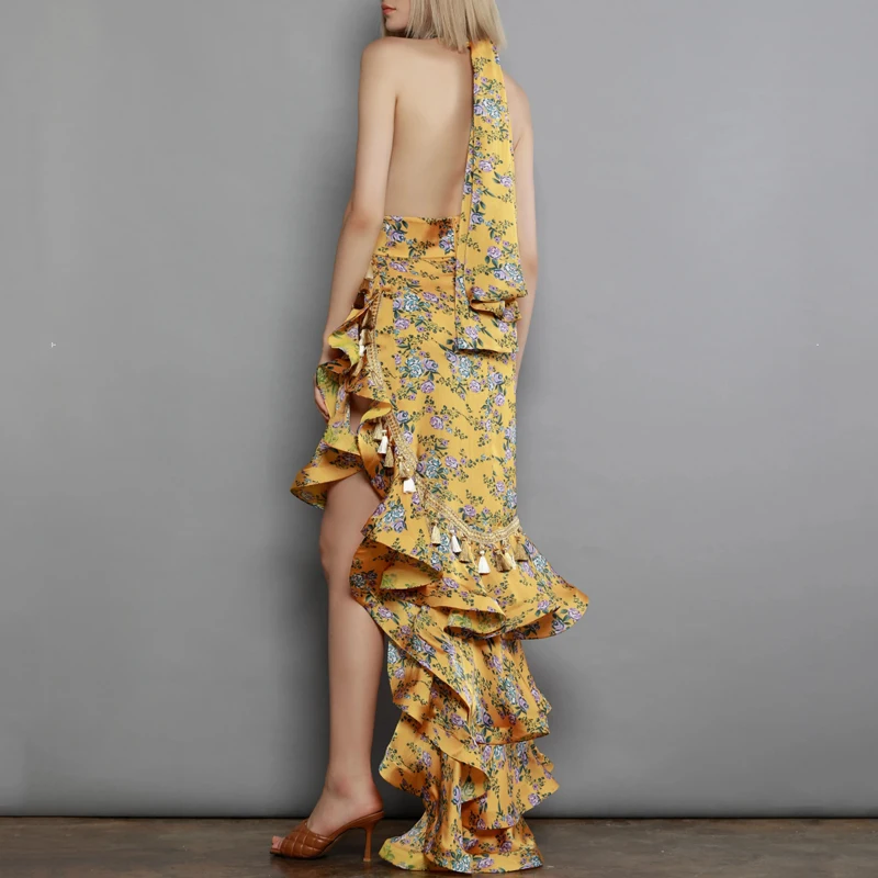 New Fragmented Flower Hanging Neck Sexy Open Back Skirt, Fashion Printed Hem Asymmetric Ruffle Party Dress Long Dress