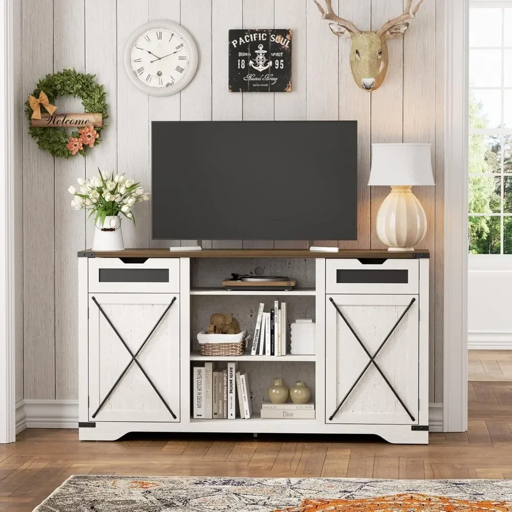 TV Stand, Antique White Entertainment Center with Storage Cabinets, Long Media Console Table with Metal X Barn Door, Country