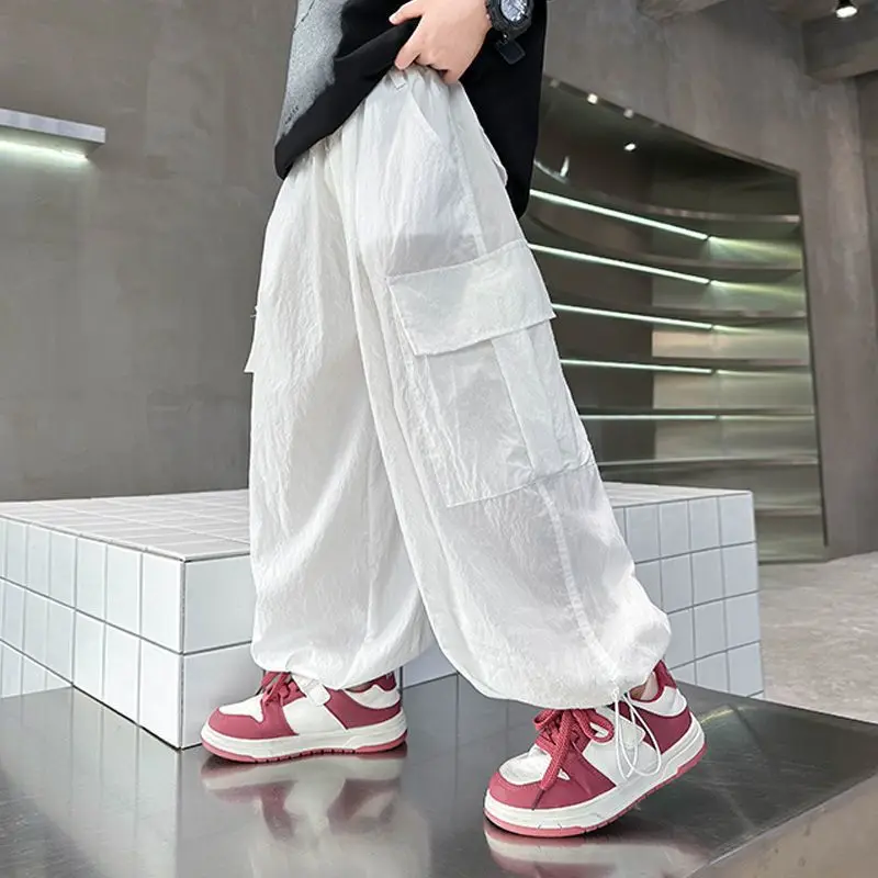 Boys Cargo Pants 2026 New Summer Thin Casual Loose Jogger Children Hip Hop Streetwear Elastic Cuff Long Trousers