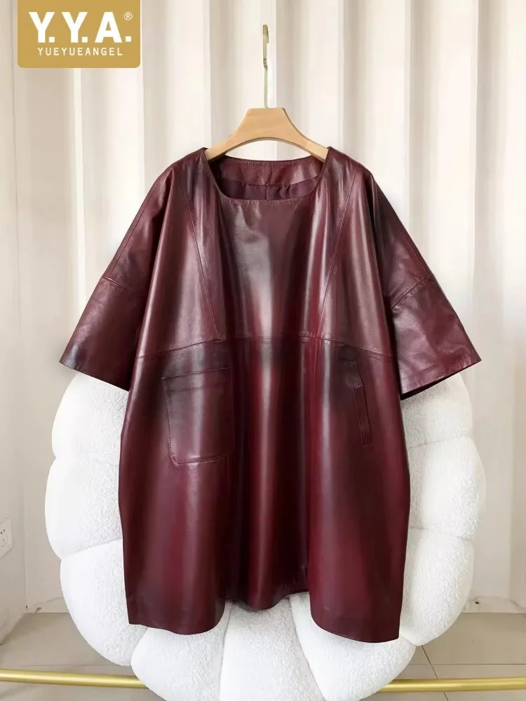 Frauen Casual Übergroßen Echtes Leder Kleid O Hals Kurzarm Lose Fit Natürliche Echt Leder Kleider Herbst Neue Streetwear