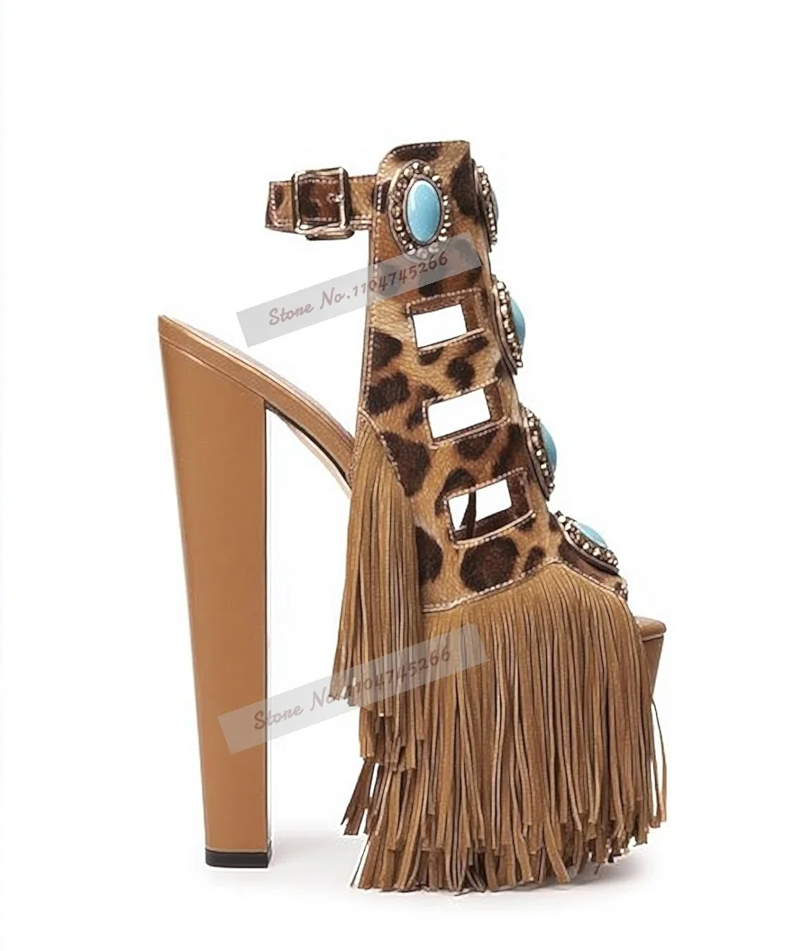 Turquoise Beaded Stone Button Chunky Heel Sandals Leopard Sude Brown Fringe Platform Dress Shoes Cut Out Buckle Strap Shoes view 3