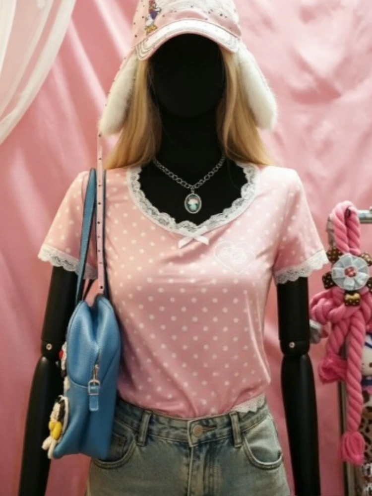 Daily Casual Harajuku Women Tees Polka Dot Short Sleeve Shirts Bow Front Slim Fit Soft Comfy Y2K Trendy Cute Fashion New Tops