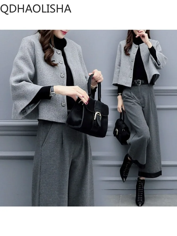 Sets for Women 2 Pieces Autumer  Winter Short Woolen Coat Casual Wide Leg Pants Set Fashion Elegant Women\'s Sets New Two Piece