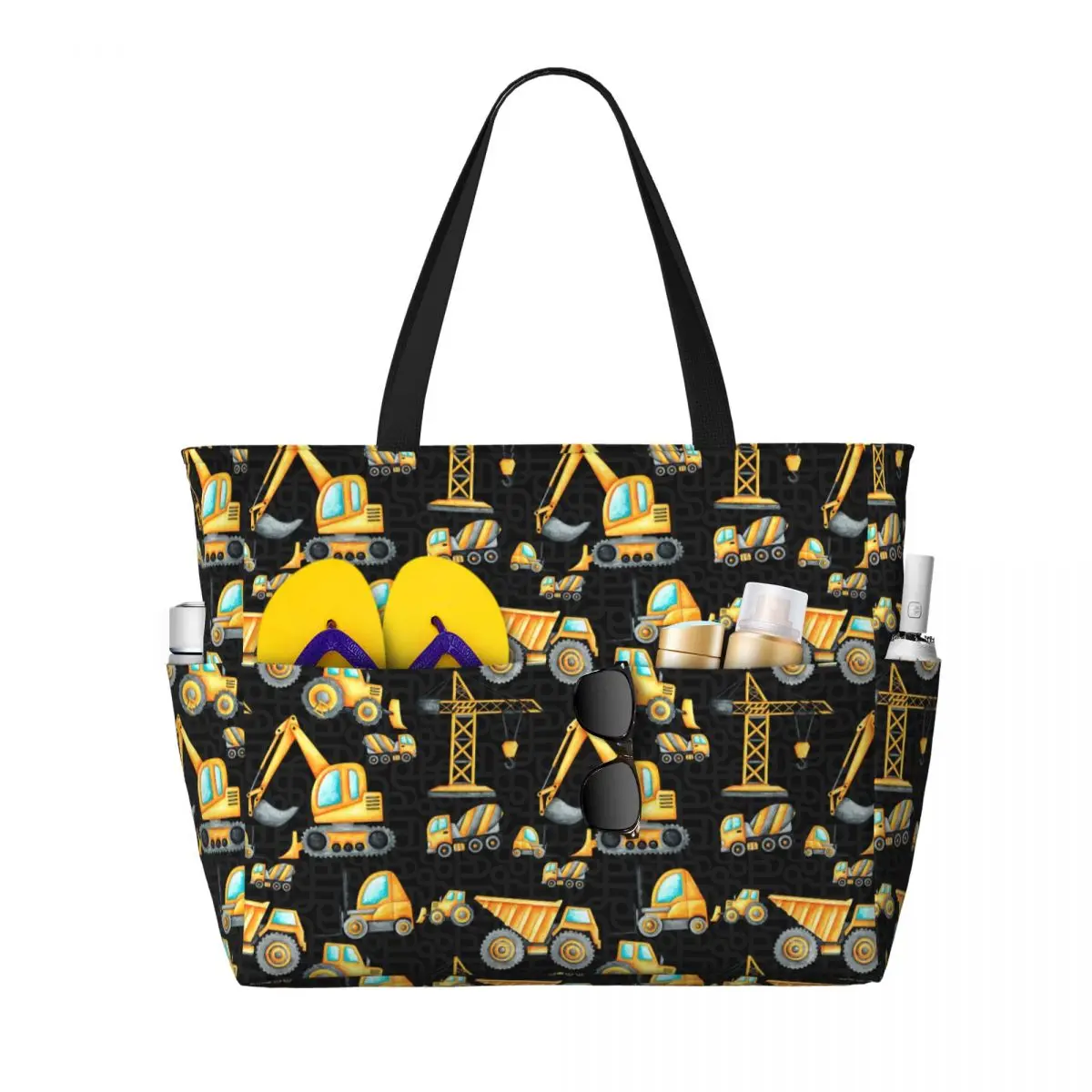 

Yellow Construction Trucks Pattern Beach Tote Bag Sport Gym Yoga Duffle Large Tote Bag Women Travel Bag Fitness bag
