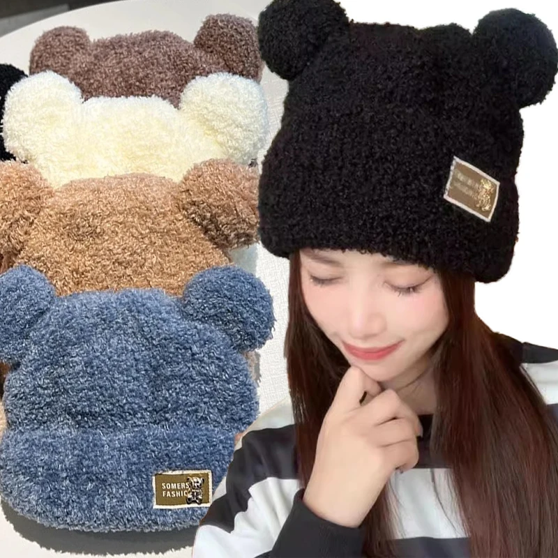 Cute Winter Plush Beanie Cap for Women Cartoon Bear Ear Knitted Wool Hat Female Girls Solid Color Thicken Lamb Fleece Hats