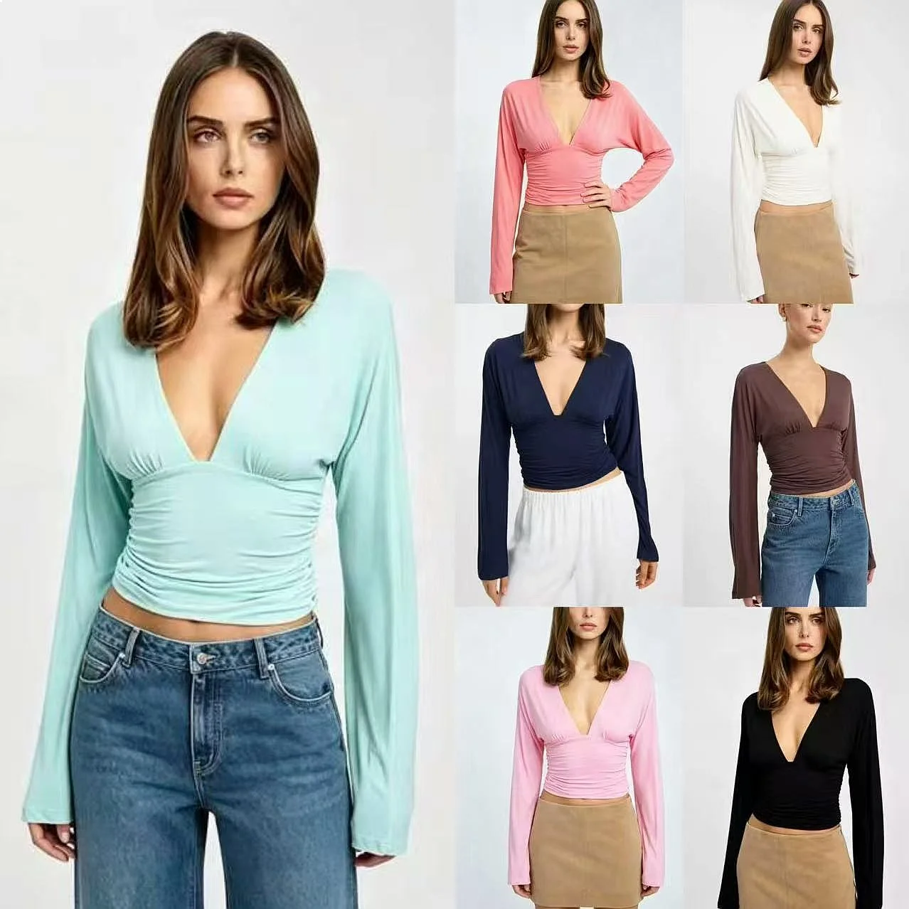 Women V Neck Long Sleeve Tops Back Tie Stretchy Slim Fit Bodysuit Tee Blouses