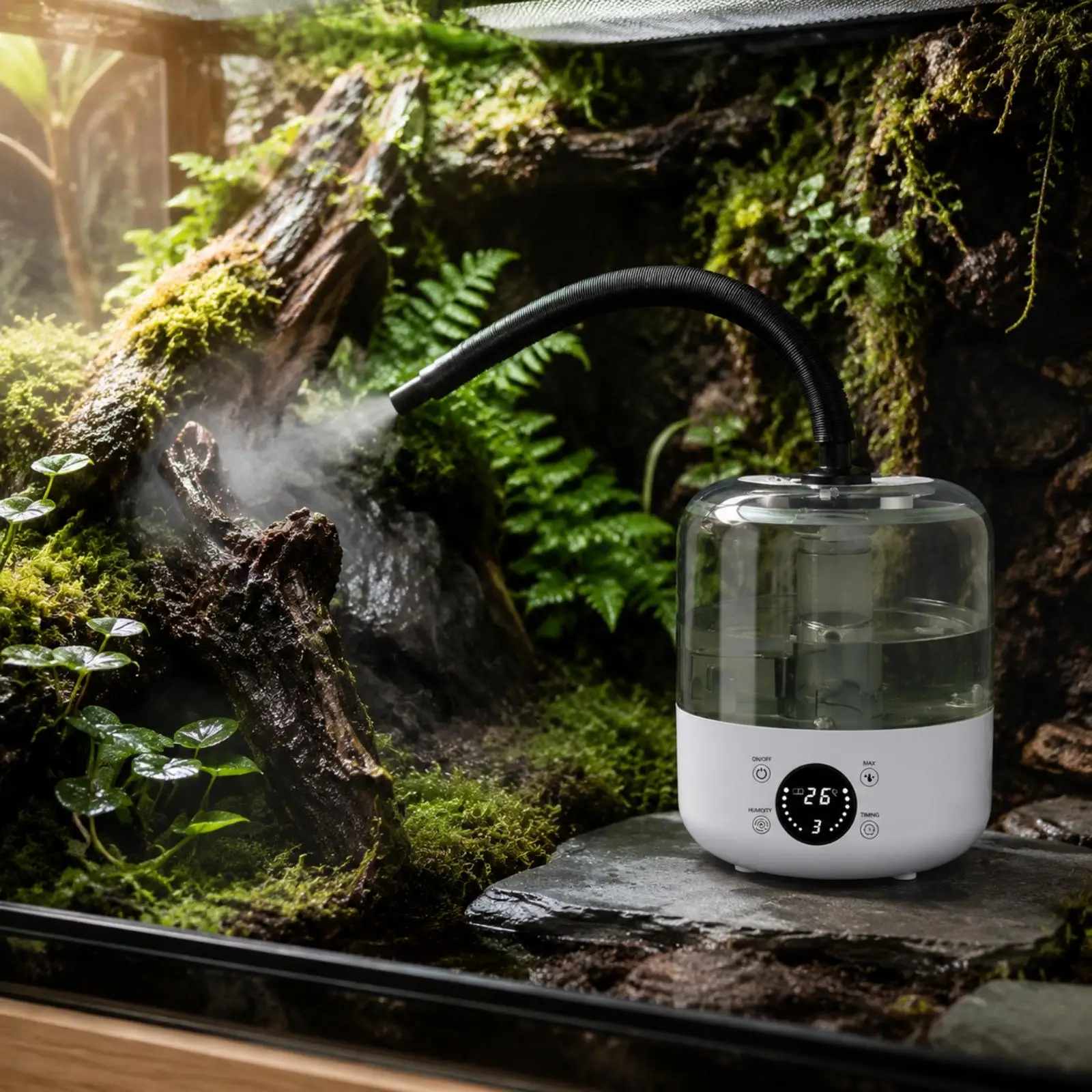 White Cylinder Mist Humidifier with Flexible Hose for Reptile Vivarium and Plant Greenhouse Humidity Control