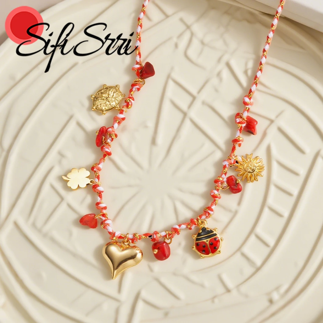 

Sifisrri Multi-Pendant Zircon Color Braided Necklace For Women Stainless Steel Jewelry Rope Chain Charming Summer Beach Gift