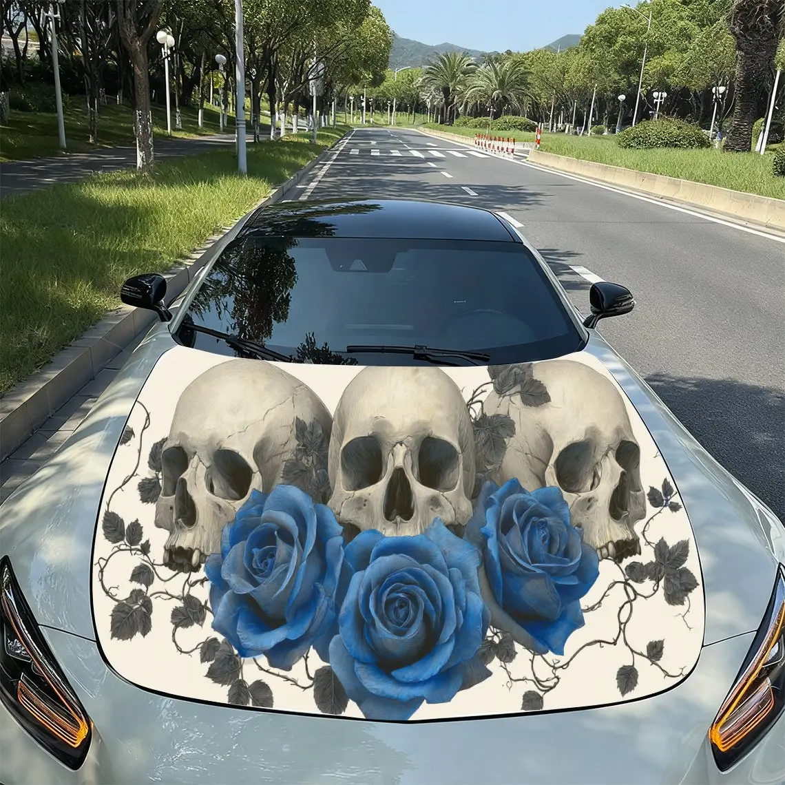 

Blue Skull Rose Gothic Art PVC Car Hood Wraps, Self-Adhesive Waterproof Car Bonnet Decal Sticker, Car Decoration Protection Stic