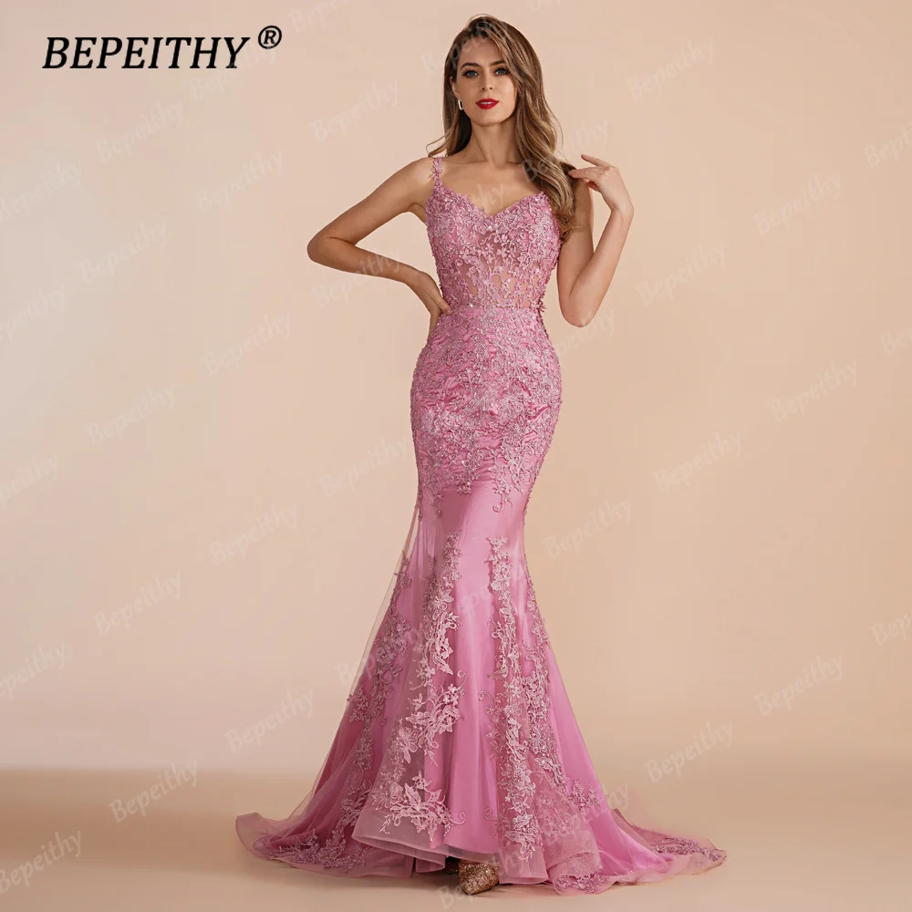 BEPEITHY Customized V Neck Mermaid Long Prom Evening Dresses 2023 Sleevesless Lace Sexy Sweep Train Wedding Party Gown For Women