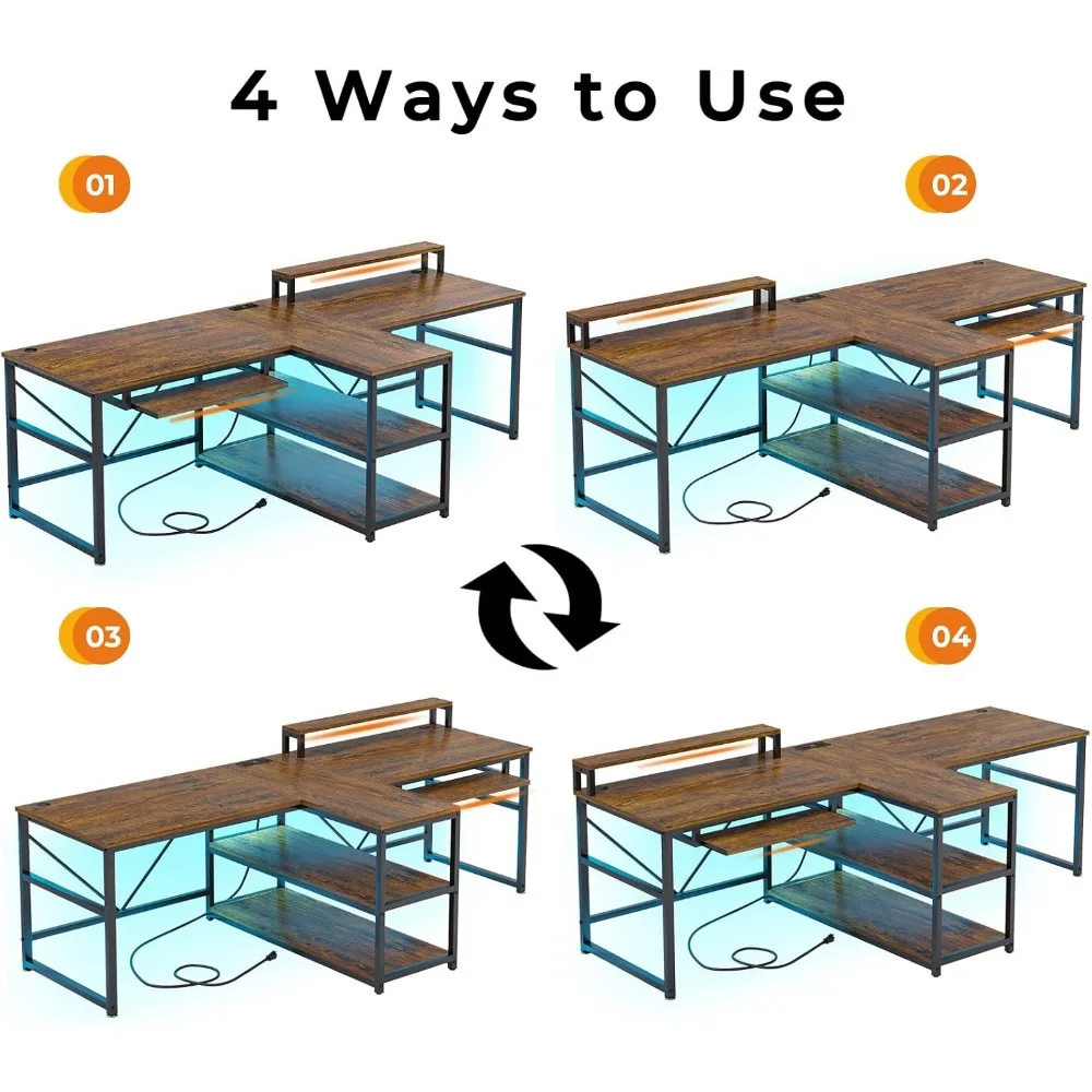 Home Office Desks, Computer Gaming Desk with Storage, LED Lights, Power Strip with USB, Keyboard Tray & Monitor Stand