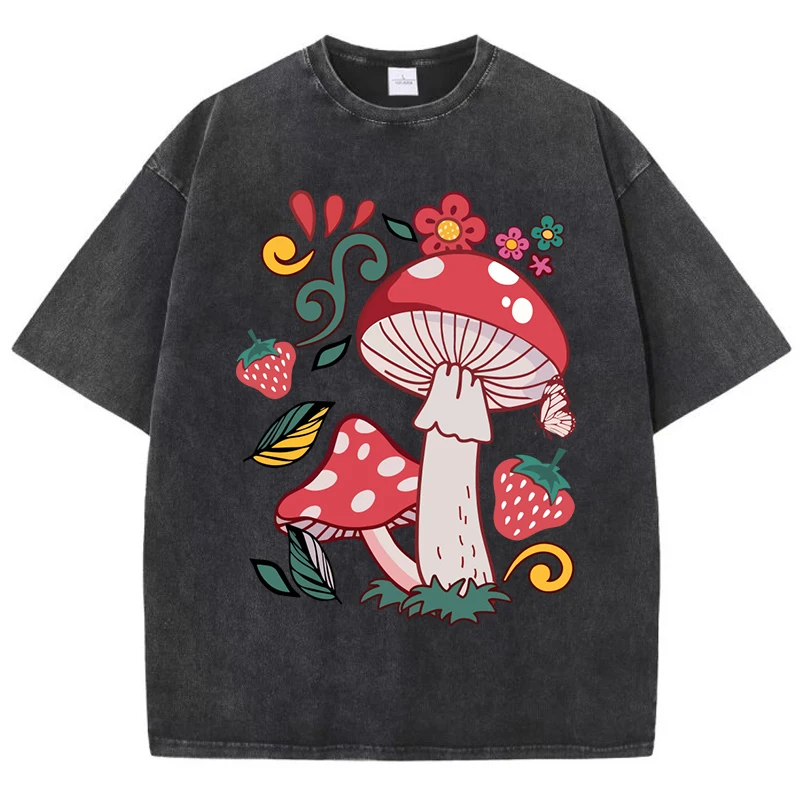 

Beautiful Mushrooms Flower Strawberries Printed Washed T-Shirt Women Loose Cotton T Shirts Trendy Y2K Short Sleeve Summer Top