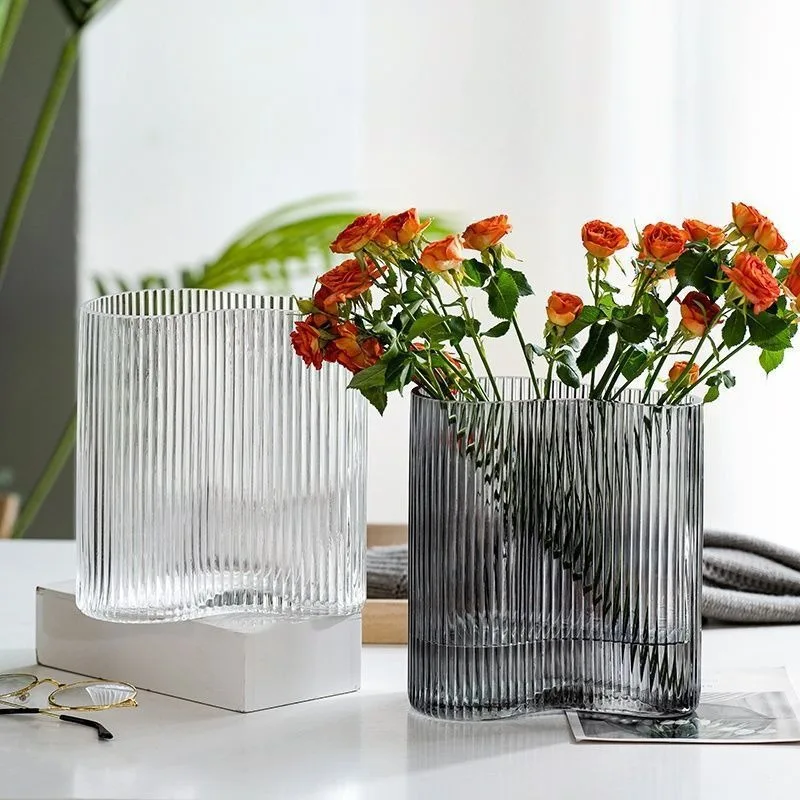 Glass Vertical Wood Grain Vase Hydroponic Flower Pot Decoration Layout Desktop Decoration Vase, Home Decoration