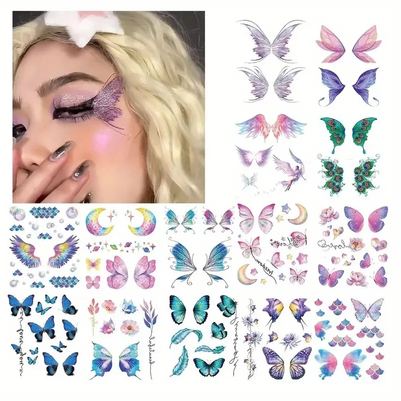 14 Stuks Set Vlinder Vleugels Glanzende Tattoo Sticker Y 2K Waterdichte Ogen Gezicht Body Art Nep Tatoeages Voor Vrouwen Make-Up Accesorios